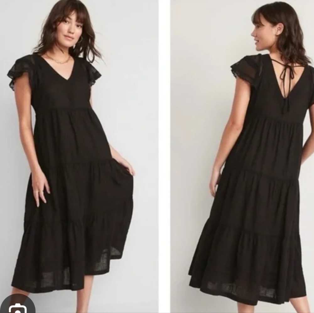 Black Boho Tiered Swing Dress Flutter Sleeve V Neck Tie Back Loose Fit 4x